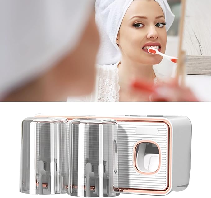 Toothbrush Holder with Toothpaste Dispenser, Wall Mounted Tooth Brush Organizer with 2 Brush Slots, Self Adhesive Toothbrush Holder for Shower (White)
