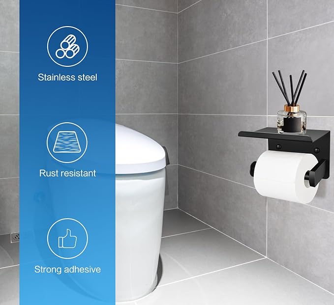1pcs Toilet Paper Holder with Shelf and 1pcs Towel Ring Set, Matte Black Stainless Steel Bathroom Hardware Set