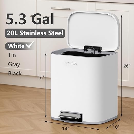 mVm Kitchen Trash Can, 5.3 Gal Trash Can with Lid, Smooth Edge Step Garbage Bin for Home Kitchen Office (White)