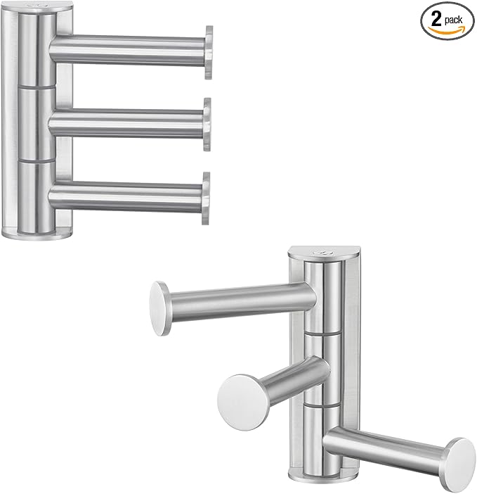 APLusee Swivel Towel Hook Brushed Nickel, 304 Stainless Steel 3 Arms Foldable Bathroom Robe Towel Hook, Shower Coat Hanger, Wall Kitchen Holder, 2 Pack