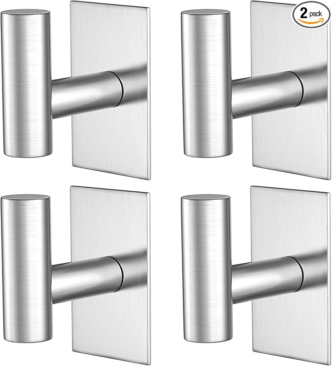 PMMASTO Adhesive Hooks, Matte Silver Stainless Steel Sticky Hooks for Hanging, Self Adhesive Shower Wall Hooks, Towel Hooks Heavy Duty for Bathroom, Bedroom RV and Kitchen- 4 PC