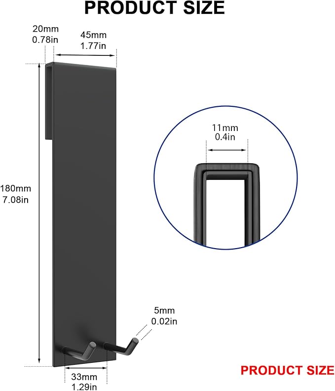 Shower Door Hook, Extended Length Frameless Shower Door Hook (7 Inches), Heavy-Duty Bathrobe Towel Stainless Steel Hook, No Drilling or Adhesive Required, 2-Pack, Black