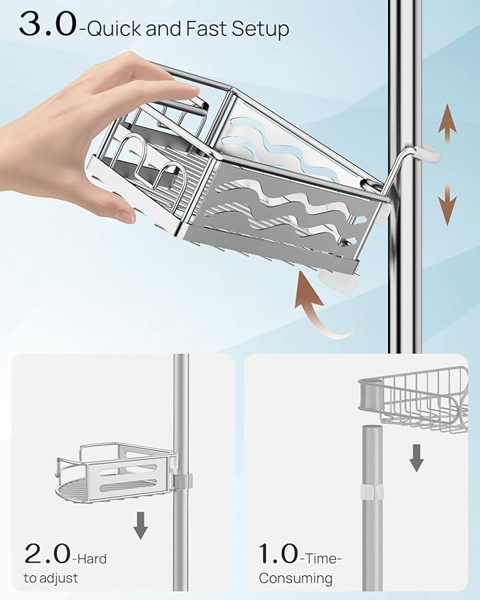 ALLZONE Corner Shower Caddy Tension Pole with 4 Repositionable Hang-On Baskets, Mixed-Height Shelves for Tall Bottles, 8 Dual Hooks & Soap Dish, Rust-Resistant Stainless Steel, Adjustable 34-116 Inch
