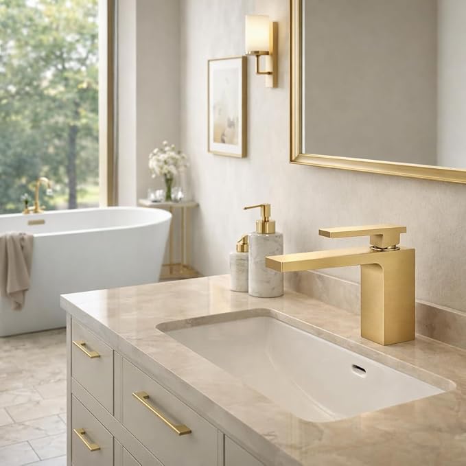 Single Hole Bathroom Faucet， Brushed Gold Brass Faucet for Bathroom Sink, CUPC Hose, Pop-Up Drain & Anti-Splash Bubbler， Easy-Install for Farmhouse, RV & Vanity