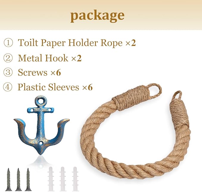 2 Pcs Nautical Toilet Paper Holder Rustic-Industrial Wall-Mounted Nautical Toilet Paper Towel Ring with Metal Hook for Bathroom Decor(Blue+Blue)