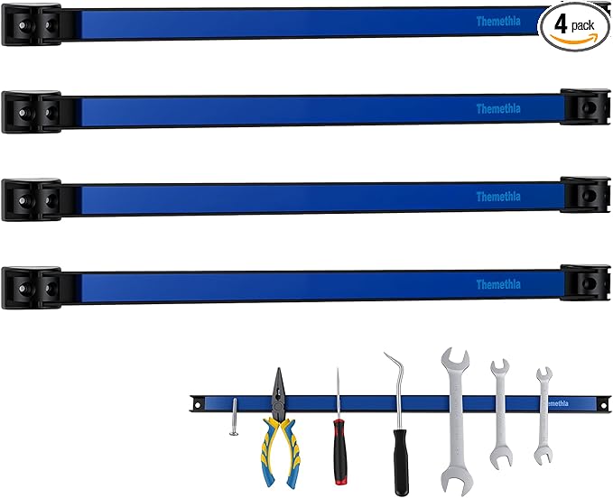 18" Magnetic Tool Holder Strip, 4 Pieces Blue Metal Tool Organizer Rack with Stainless Steel Surface, Magnet Bar for Garage Workshop, Easy To Install with Mounting Screws