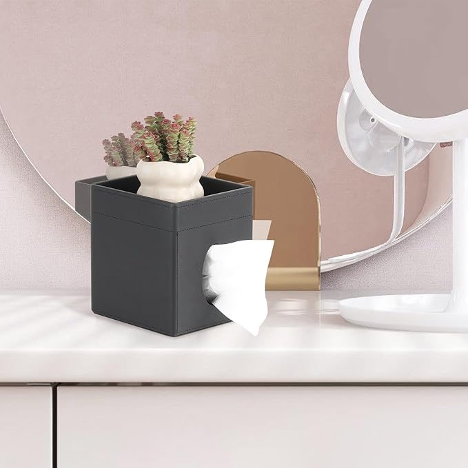 MOCHTERO Decorative PU Leather Tissue Box Cover,Square Tissue Holder with Storage Tray, Bathroom Accessories,for Home and Office, Black