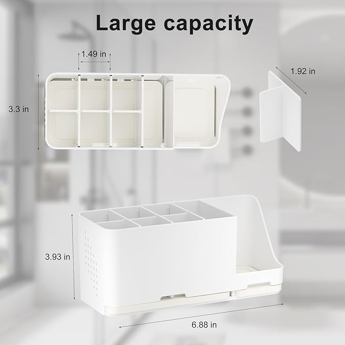 JUMEIHUI Bathroom Countertop Organizer with Water Absorbent Diatomite,8 Slots Bathroom Toothbrush Holder with Adjustable Dividers,Bathroom Sink Organizer Countertop (White)