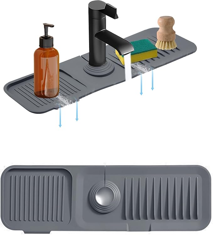 14.5 * 5.5 Inch Large Non-Slip Base,Multi-Surface Protector for Kitchen,Bathroom,Laundry,RV,Easy Clean Water Deflector Accessory(Dark Gray)