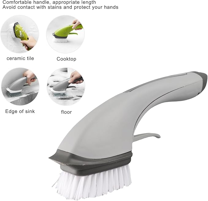 Soap Dispensing Dish Brush, Kitchen Scrub Brush with Soap Dispenser Fillable Long Grips Brush for Pans Pots Sink and Bathtub Washing, Green/Gray(Gray)