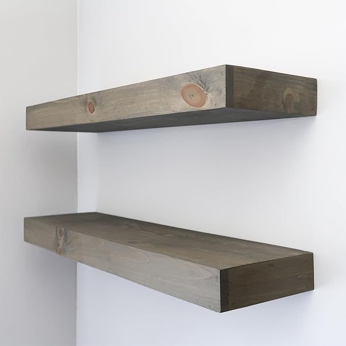 Urbandi Modern Floating Shelves 3 Inches Thick for Wall, Wide Shelves for Kitchen, Living Room, Bedroom, and Bathroom, Natural Pine Wood, Rustic Wooden Shelf, (Set of 2) (Aged Barrel, 24Lx3Hx8D)