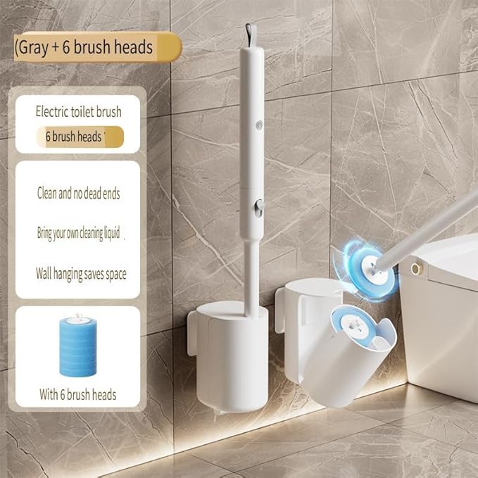 Electric Toilet Brush with Disposable Heads, Wall-Mounted Power Scrubber, 3-Speed Motor, 250 RPM Deep Clean Technology (Grayish-White)