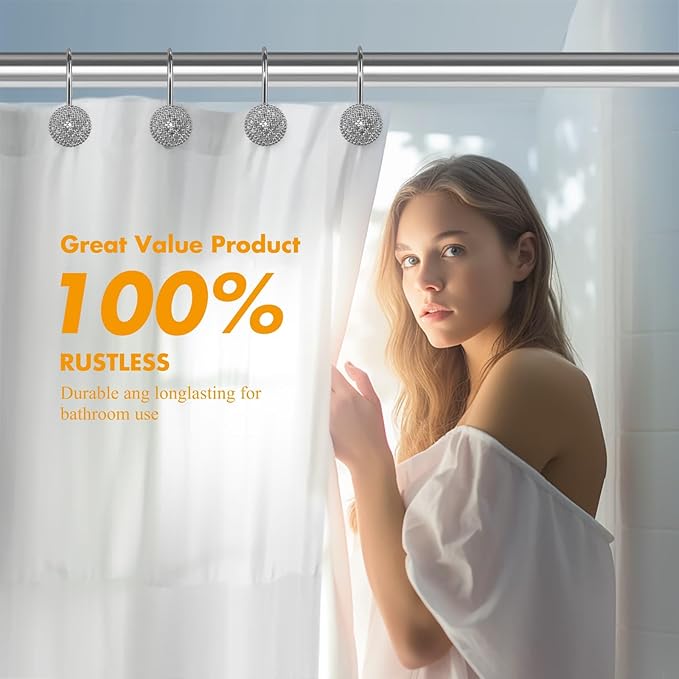 Pearlbee Chrome Shower Curtain Hooks, Silver Shower Curtain Rings Hooks, Rust Proof Shower Curtain Hooks, Bathroom Shower Hooks for Curtain, Metal Shower Hooks for Shower Curtain Rod