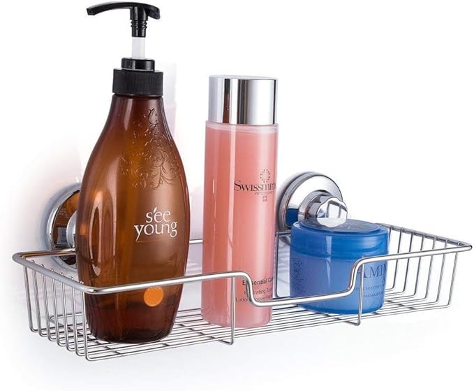 Suction Cups Compact Shower Caddy Bath Shelf with Hooks, Rustproof Stainless Steel Rectangle Storage Basket for Bathroom Kitchen Organizer, 2 Pack
