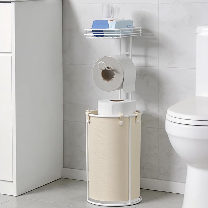 Standing Toilet Paper Storage Rack, Rustproof Metal Stand Up Toilet-Paper Roll Holder, Free Standing Tissue Holder for Bathroom, Tissue Holder with Shelf for Wipes & Phone, White