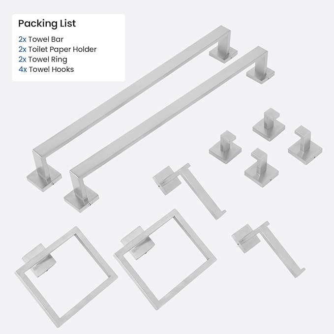 FAHKNS 10 PCS Bathroom Hardware Accessories Set 23.6 Inch Stainless Steel Bath Towel Bar Set Square Towel Ring Set for Bathroom Wall Mounted, Silver