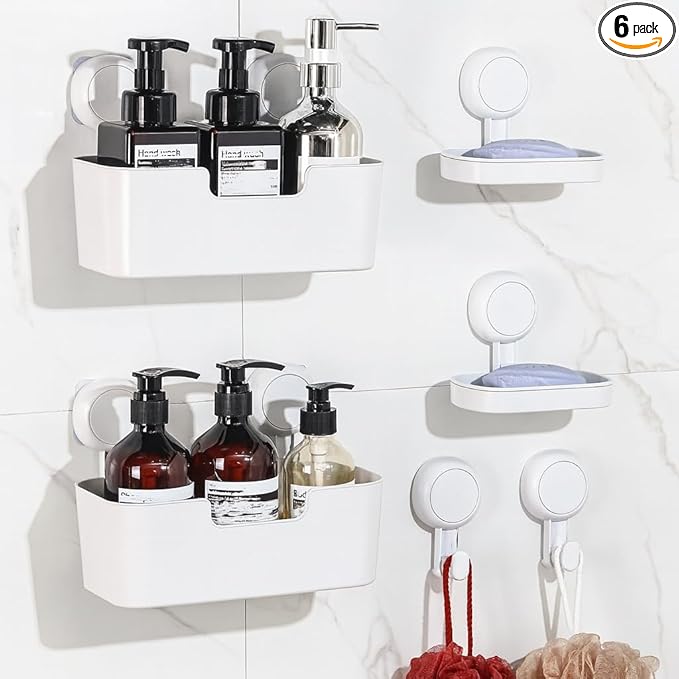 Shower Caddy, Organizer Removable Bathroom Shelf, 6 Pack Adhesive Organizers and Storage with No Drilling Hanging Shower Shelf, Removable Plastic Bathroom Accessories, White