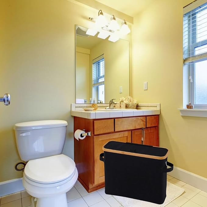 Toilet Paper Storage Basket with Lid for Mega Rolls, Large Bamboo Toilet Paper Organizer Holder Stand for Bathroom, Enclosed Tissue Storage Bin Box Container Free Standing, Black