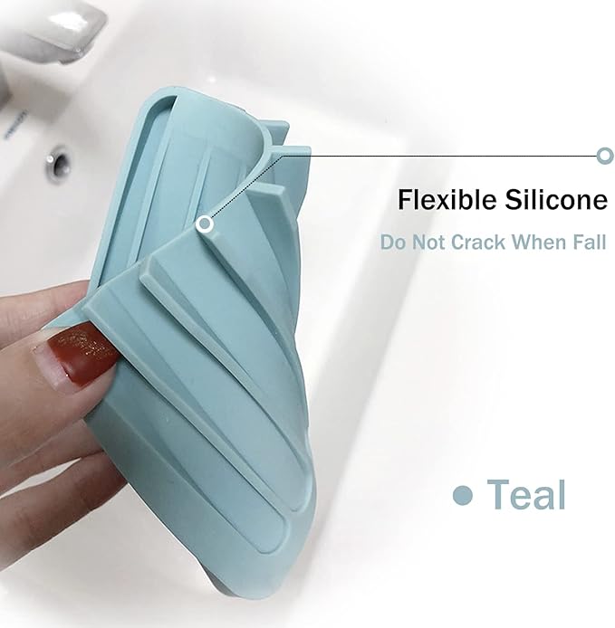 Self Draining Soap Dishes, 3 Pcs Silicone Soap Saver, Waterfall Drainer Soap Holder for Bathroom, Extend Soap Life, Keep Soap Bars Dry Clean & Easy Cleaning (Teal)