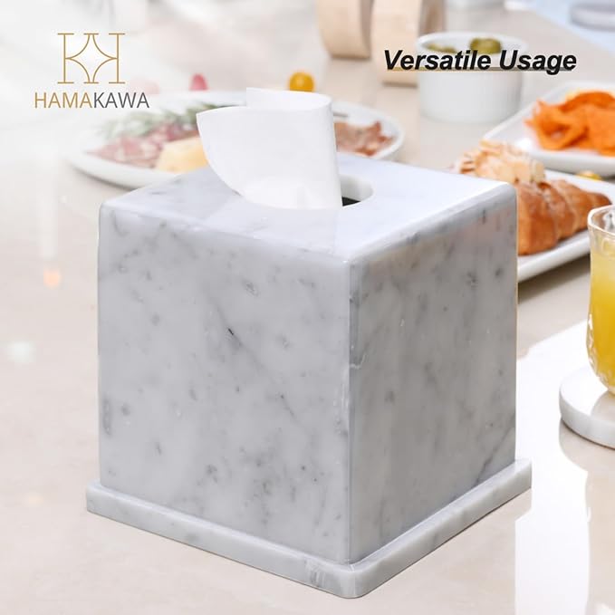 Natural Marble Tissue Box Cover, Carrara White Tissue Organizer 6 x 6 x 5.7 inch, Heavy Stone Decorative Box, Square Tissue Box Holder for Home Decor, Kitchen, Bathroom