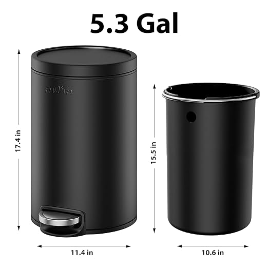 mVm Kitchen Trash Can with Lid, 5.3 Gal Black Trash Can Garbage Can for Home Office (Black)