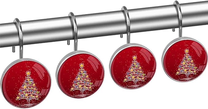 Christmas Tree Shower Curtain Hooks 12 Pcs, Rust Proof Glass Surface Stainless Steel Curtain Rings for Bathroom Bedroom Living Room Kitchen Home Shower Rods Decor