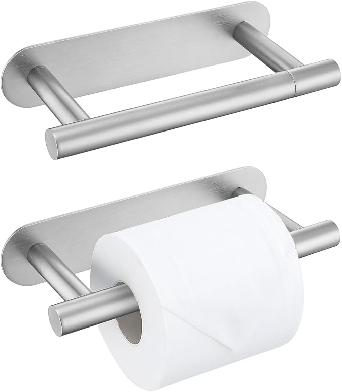 2 Pieces Self Adhesive Brushed Nickel Toilet Paper Holder, Commercial Toilet Paper Dispenser Toilet Roll Holder, Double Base Paper Towel Holder Wall Mount No Drilling for Bathroom, Kitchen