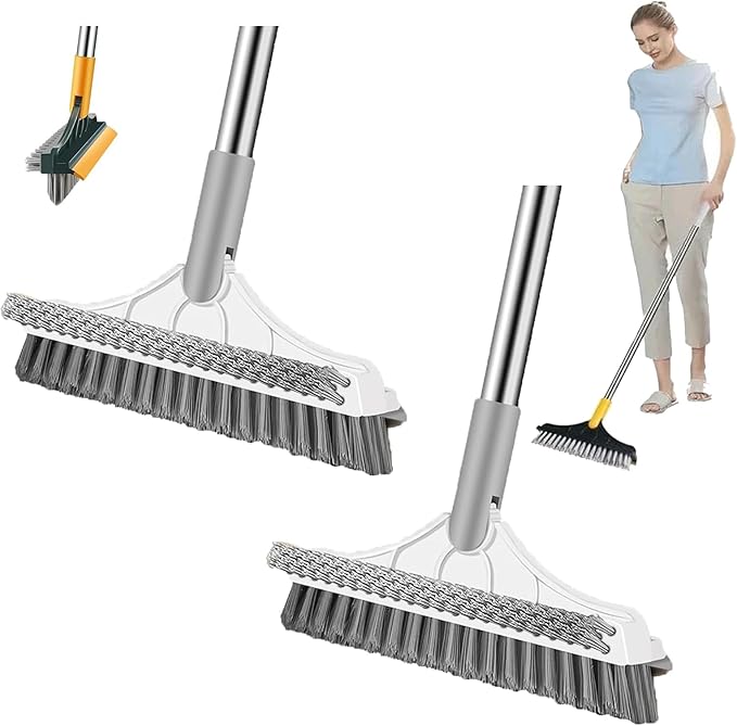 Bloame Cleaning Brush, 3 in 1 Floor Scrub Brush with Squeegee, 180° Rotating Long Handle Grout Crevice Brush, Heavy-Duty Soft Scraper for Cleaning Bathroom, Glass, Kitchen & Patio (2pcs White)