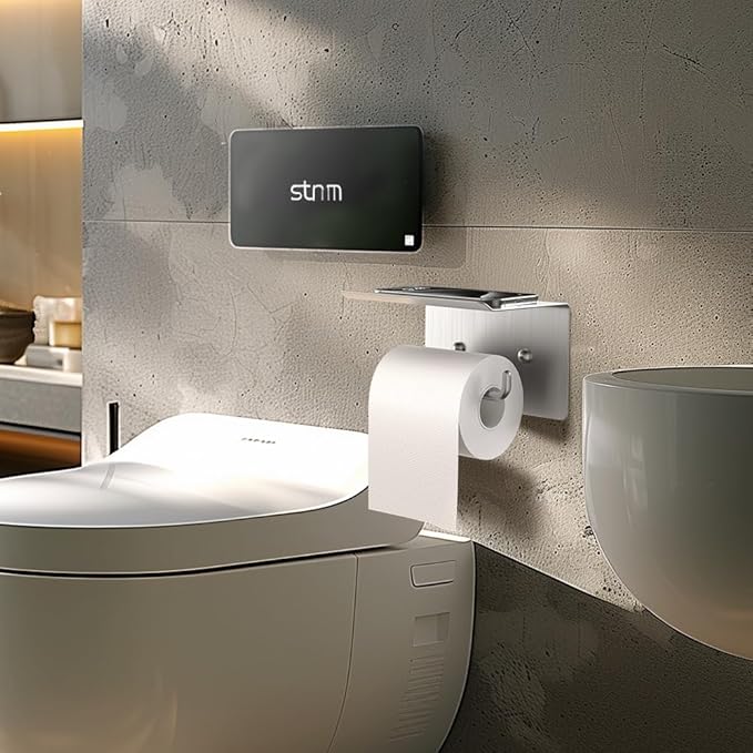 Toilet Paper Holder with Shelf, RV Camper Paper Holder Adhesive and Drilling Wall Mount, Matte Black Stainless Steel SUS304 for Bathroom, Brushed Nickel