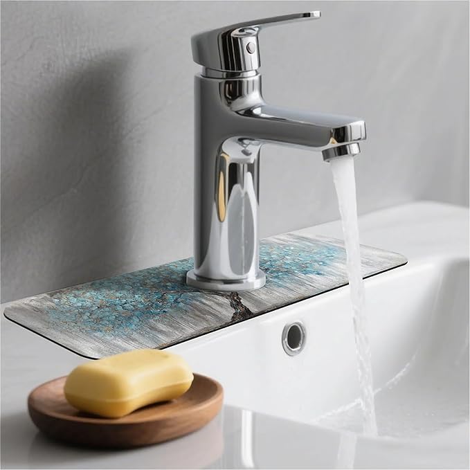 Kitchen Sink Splash Guard，light blue tree Faucet Mat Sink Gadgets-Super Absorbent Fast Drying Mat Drip Catcher for Kitchen, Bathroom,Sink Mat, Dish Drying Mat, Bathroom(15" X 5.5" )