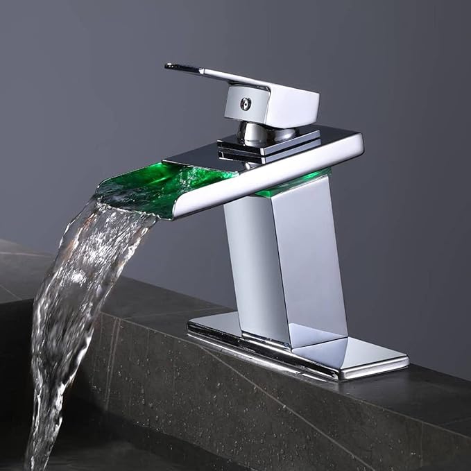 LED Bathroom Sink Faucet - Chrome Single Hole or 4 Inch Centerset Waterfall Faucet with Stainless Steel Spout and Temperature-Sensitive LED Lights, Includes Deck Plate