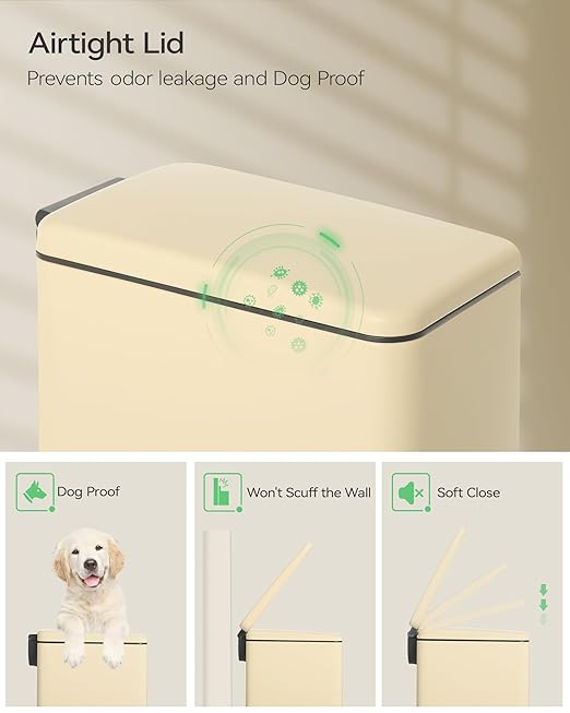 Small Bathroom Trash Can with 15 Garbage Bags,2.6 Gallon Stainless Steel Garbage Can with Lid Soft Close,Small Trash Bin for Bathroom,Kitchen,Home Office,Almond Yellow