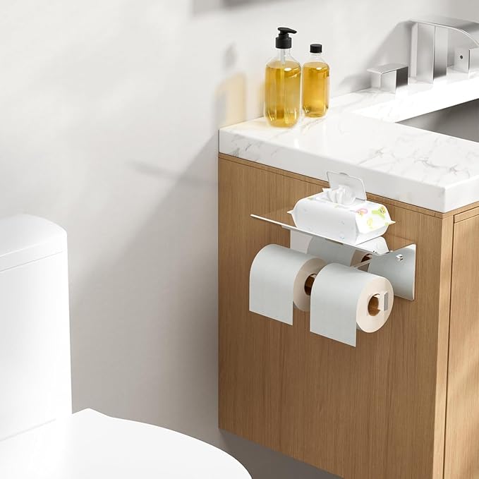FORIOUS Toilet Paper Holder with Shelf, 304 Stainless Steel Wall Mount Commercial Toilet Paper Dispenser, Double Tissue Roll Holder for Bathroom, Chrome
