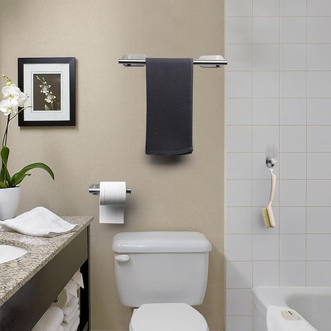 JiGiU Self Adhesive Towel Bar, Bathroom Hardware Set Include 16-Inch Bath Towel Bar,Toilet Paper Holder Towel Ring & 3 Packs Towel Hooks Stainless Steel Wall Mount No Drill Sticky on Towel Holder Kit