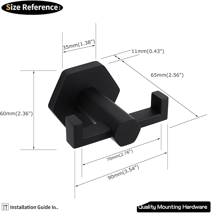 GERZWY Matte Black Coat/Robe Clothes Hook for Bath Kitchen Modern Hotel Style, Stainless Steel Bathroom Double Towel Hook Wall Mounted 2 Pack