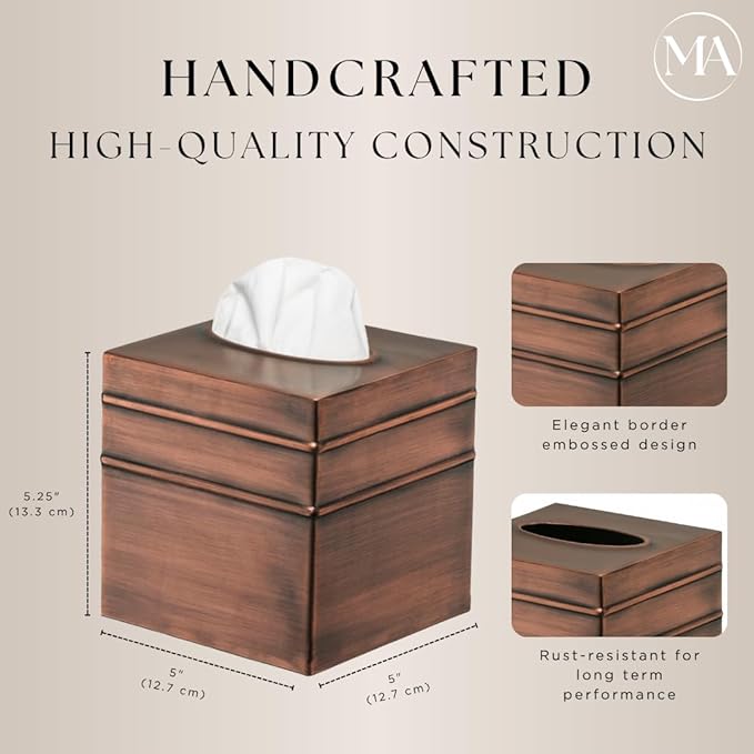 Monarch Abode Tissue Box Cover Square – Handcrafted Border Embossed Antique Copper Metal Tissue Holder Box for Bathroom Accessory, Aesthetic Decorative Facial Napkin Cube for Modern Home Decor