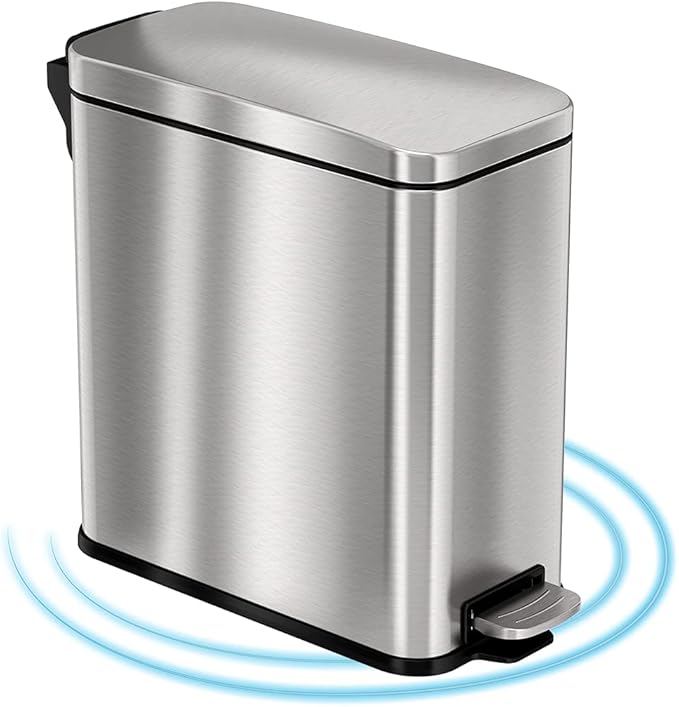 iTouchless 3 Gallon Slim Bathroom Trash Can with Lid & Odor Control, Soft-Step Stainless Steel Pedal Bin for Narrow Space, Fingerprint-Proof Wastebasket for Office, Nursery, Under Sink, Brushed Silver