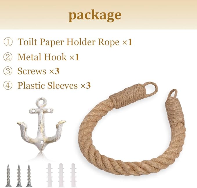 Nautical Toilet Paper Holder Rustic-Industrial Wall-Mounted Nautical Toilet Paper Towel Ring with Metal Hook for Bathroom Decor (White)