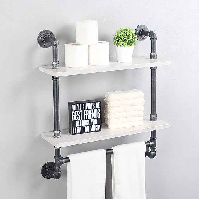 Iron Pipe Shelves Industrial Bathroom Shelves with Towel bar,24in Rustic Metal Pipe Floating Shelves Pipe Wall Shelf,2 Tier Industrial Shelf Wall Mounted,Retro White