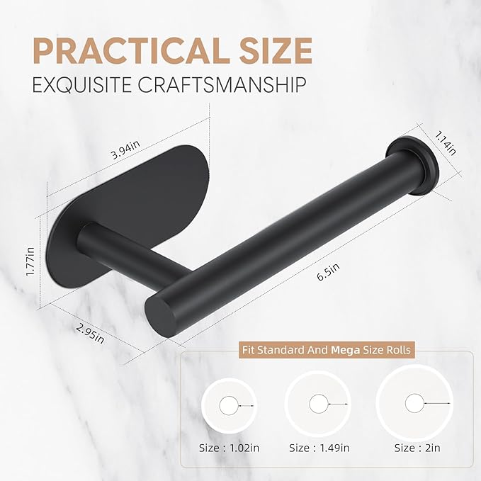 2 Pack Toilet Paper Holder, Adhesive Toilet Paper Holder Wall Mount, Premium Thicken SUS304 Stainless Steel, No Drilling Toilet Paper Stand Roll Holder for Bathroom Kitchen RV, Matte Black