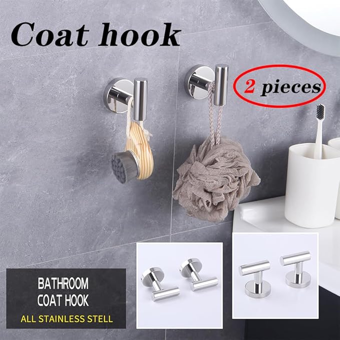 GERZWY Bath Towel Hook SUS 304 Stainless Steel Coat/Robe Clothes Hook for Bath Kitchen Modern Hotel Style Wall Mounted 2 Pack Polished Chrome AG-1107B-JG