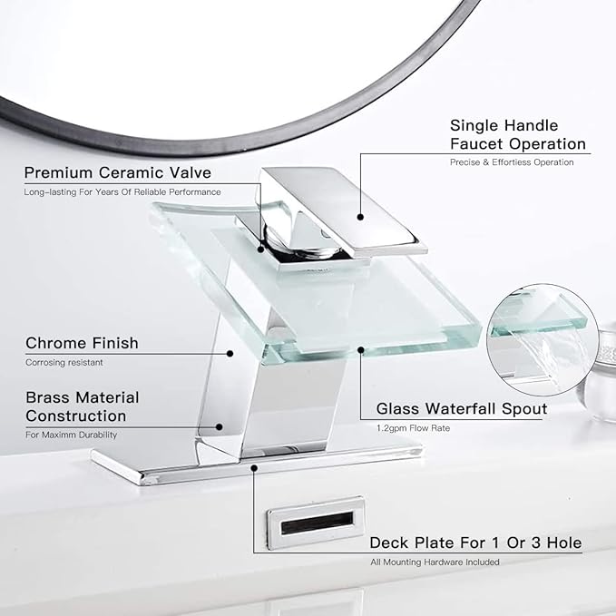 Chrome Bathroom Faucet Waterfall Glass Spout Single Handle Bathroom Sink Faucet One Hole Lavatory Basin Sink Mixer Tap Modern Deck Mount Plumbing Fixtures Unique Designer