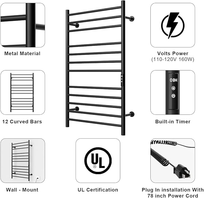 MENATT 12 Bars Heated Towel Warmer Racks Wall Mounted, Electric Heated Towel Rack for Bathroom,Towel Warmer Rack with Built-in Timer,Adjustable Temperature,Matte Black