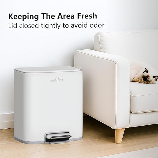 mVm Kitchen Trash Can, 5.3 Gal Trash Can with Lid, Smooth Edge Step Garbage Bin for Home Kitchen Office (White)
