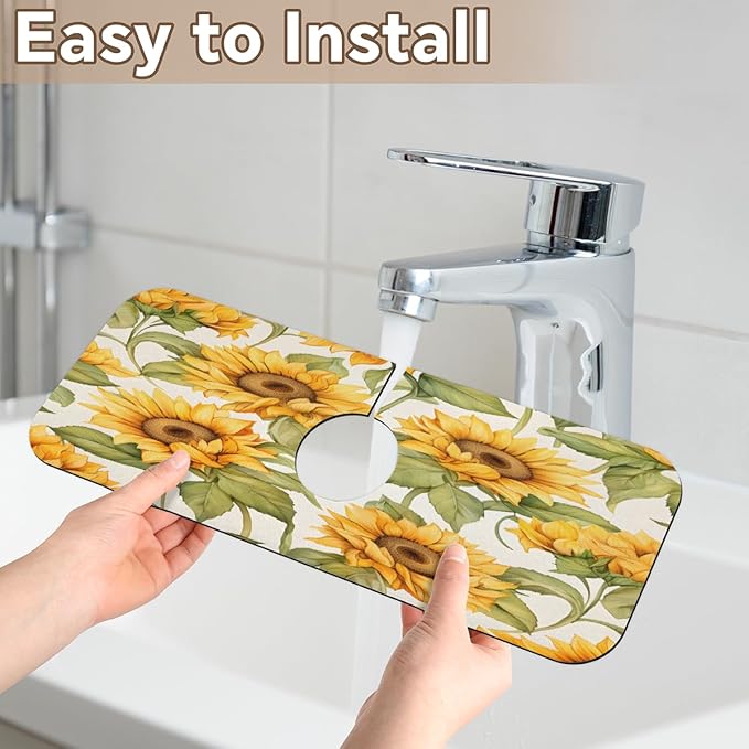 Sunflower Field Kitchen Faucet Mat Splash Guard, 15.4”x5.7” Absorbent Quick Drying Sink Mat for Countertop Protection, Draining Mat Sink Protectors For Kitchen Bathroom, 1 Pack