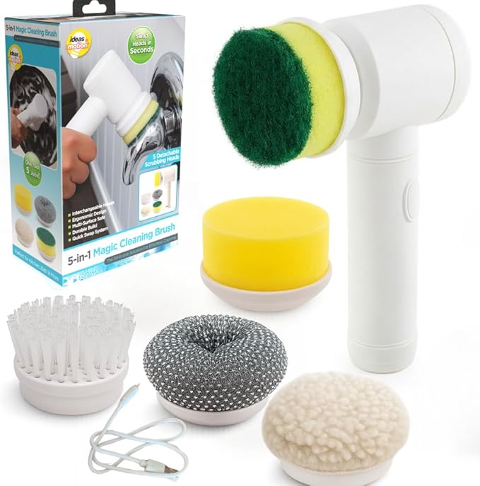 USB Rechargeable 5 in 1 Magic Electric Cleaning Brush - Spin Scrubber for Cleaning with 5 Interchangeable Heads, Electric Scrub Brush for Kitchen, Bath, Multi-Surface Use, Ergonomic Design