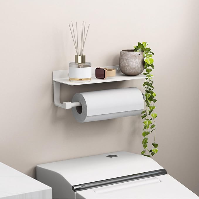 Danpoo White Paper Towel Holder with Shelf Wall Mount, Adhesive Hand Towel Holder for Bathroom, Kitchen Towel Holder