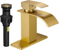 FRANSITON Brushed Gold Waterfall Bathroom Faucet Lavatory Single Handle 1 or 3 Hole Bathroom Sink Faucet with Deck and Pop-up Drain (Brushed Gold, Short)