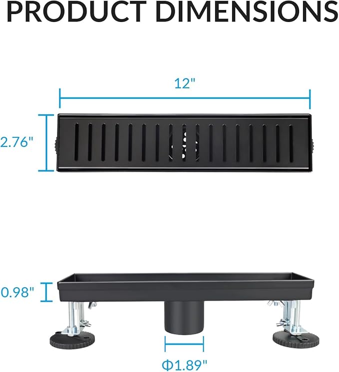 12 Inch Linear Shower Drain Bathroom Kitchen Matte Black Floor Drain Removable Capsule Pattern Cover Accessories Shower Drain 304 Stainless Steel Drain with Hair Strainer Adjustable Leveling Feet