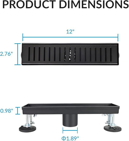 12 Inch Linear Shower Drain Bathroom Kitchen Matte Black Floor Drain Removable Capsule Pattern Cover Accessories Shower Drain 304 Stainless Steel Drain with Hair Strainer Adjustable Leveling Feet